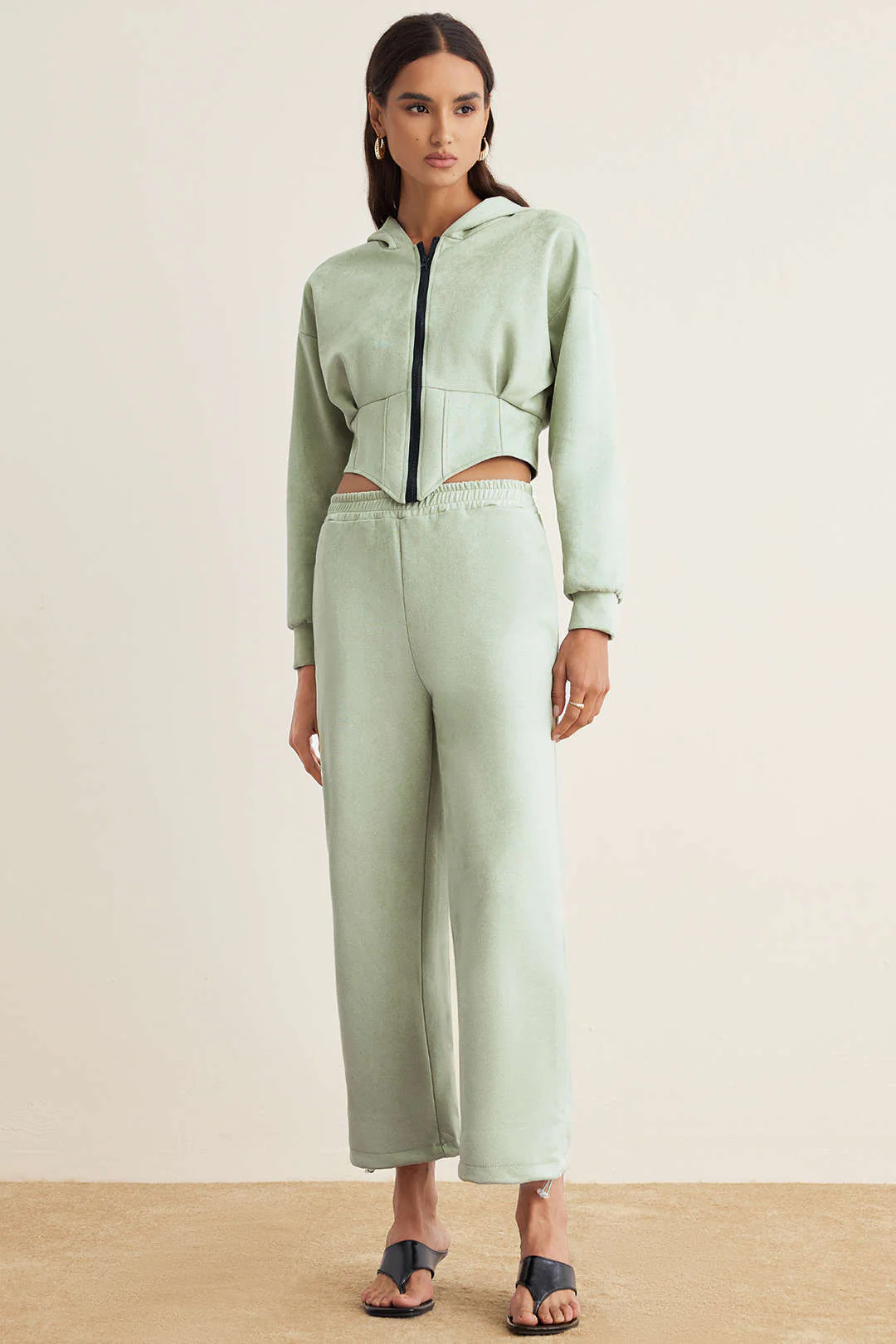 Suede Zipper Waist-Cinching Hoodie And Shirred Waistband Pants Set - Flockneti