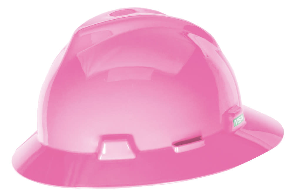 MSA Safety Works V Gard Slotted Full Brim Hard Hat Hot Pink with Staz On Suspension - Flockneti