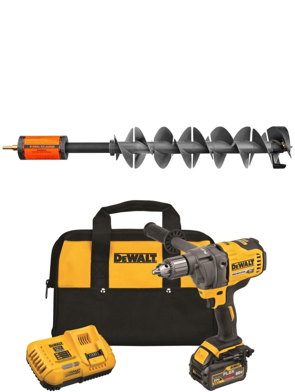 K-Drill 6″ Ice Auger with DEWALT 60V Max Drill Kit Bundle - Flockneti