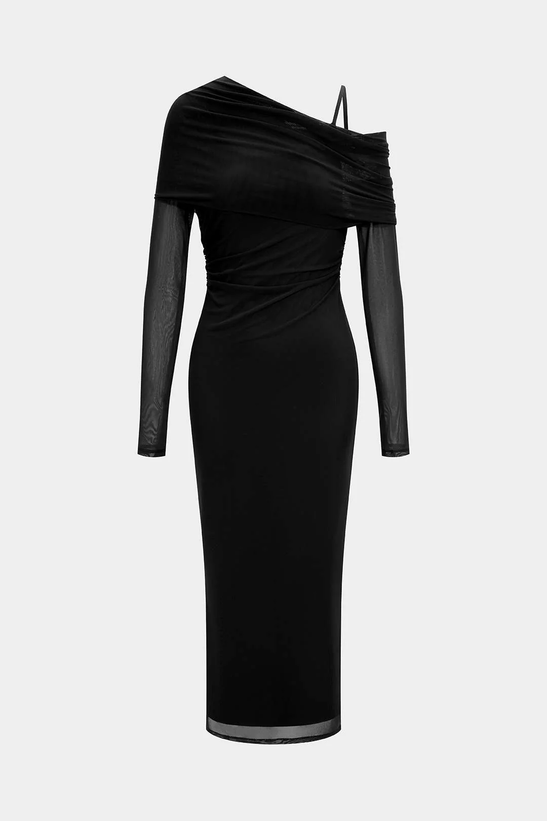 Mesh Asymmetrical Neck Slip Long Sleeve Maxi Dress - Flockneti