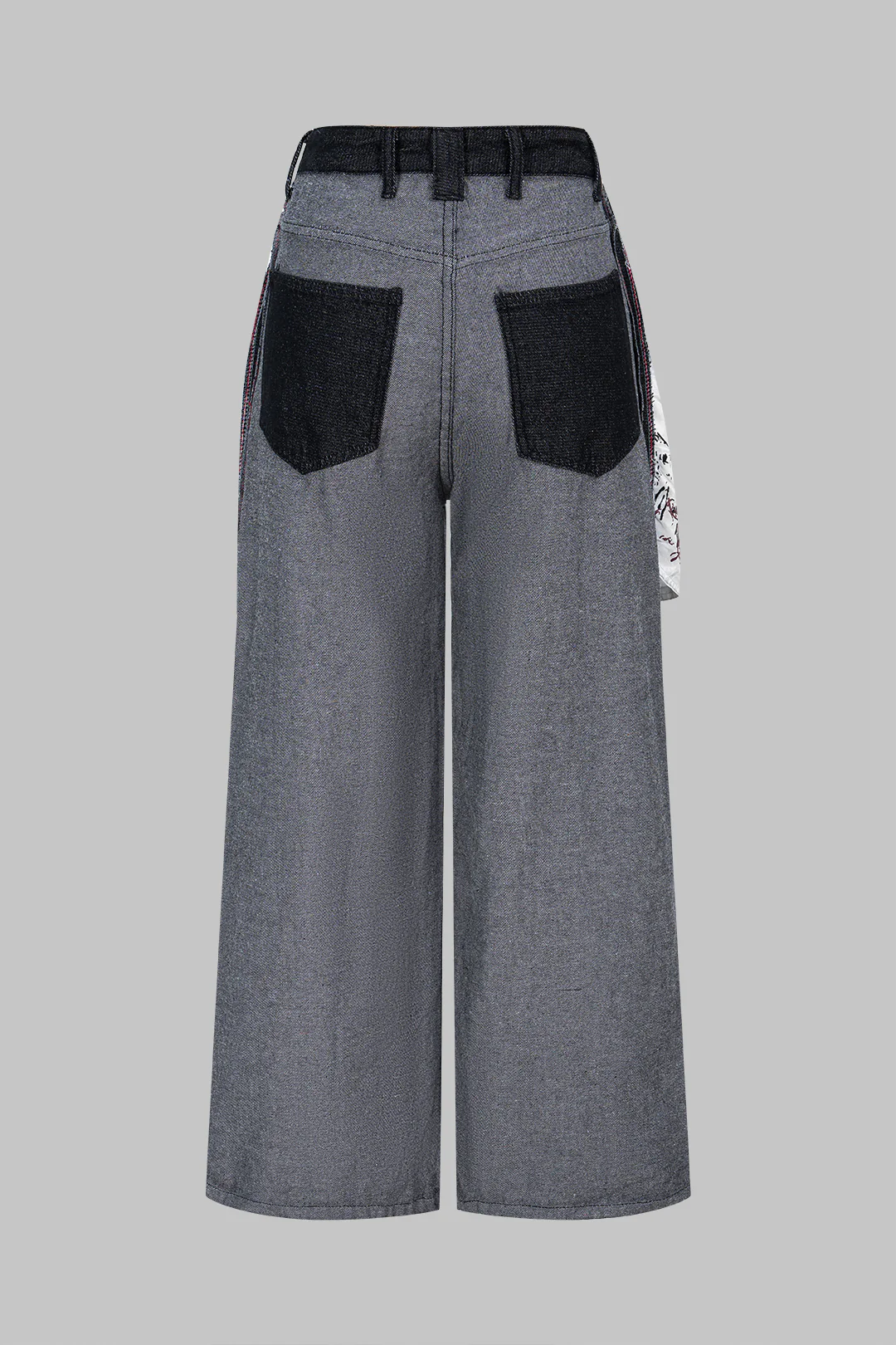 Denim Artistic Print Patchwork Button Pocket Wide Leg Jeans - Flockneti