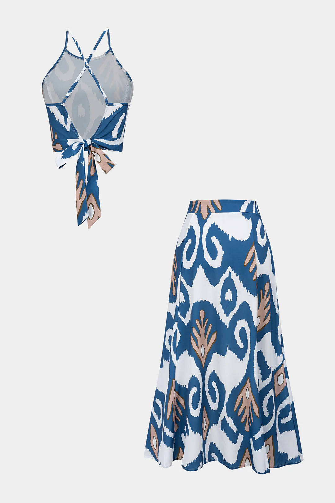 Abstract Print Satin Crossed Tie Back Cami Top And Skirt Set - Flockneti