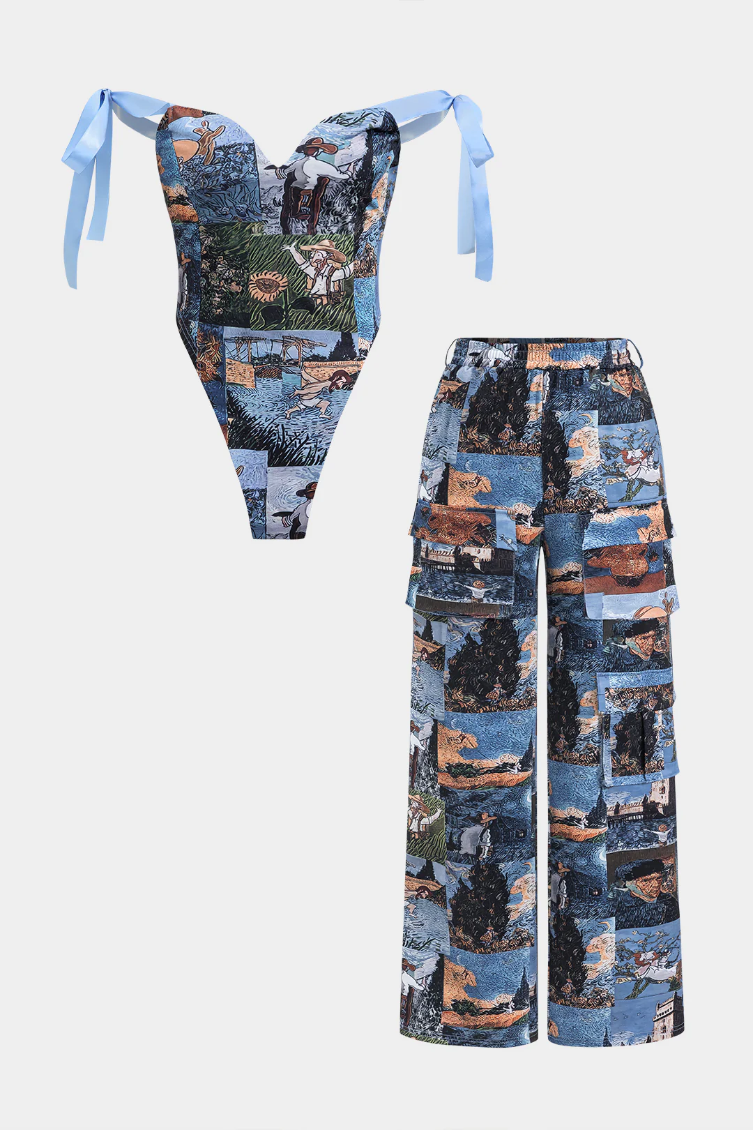 Oil Painting Pattern Drawstring Strappy Top And Pocket Trousers Set - Flockneti