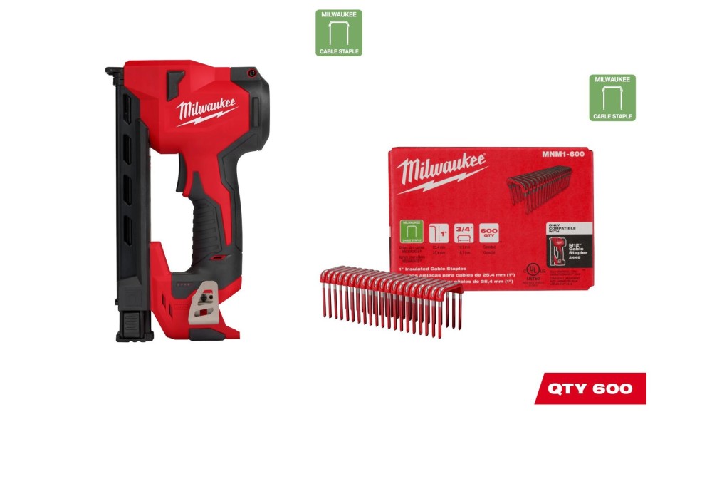 Milwaukee M12 Cable Stapler Bare Tool with 1″ Staples 600qty Bundle - Flockneti
