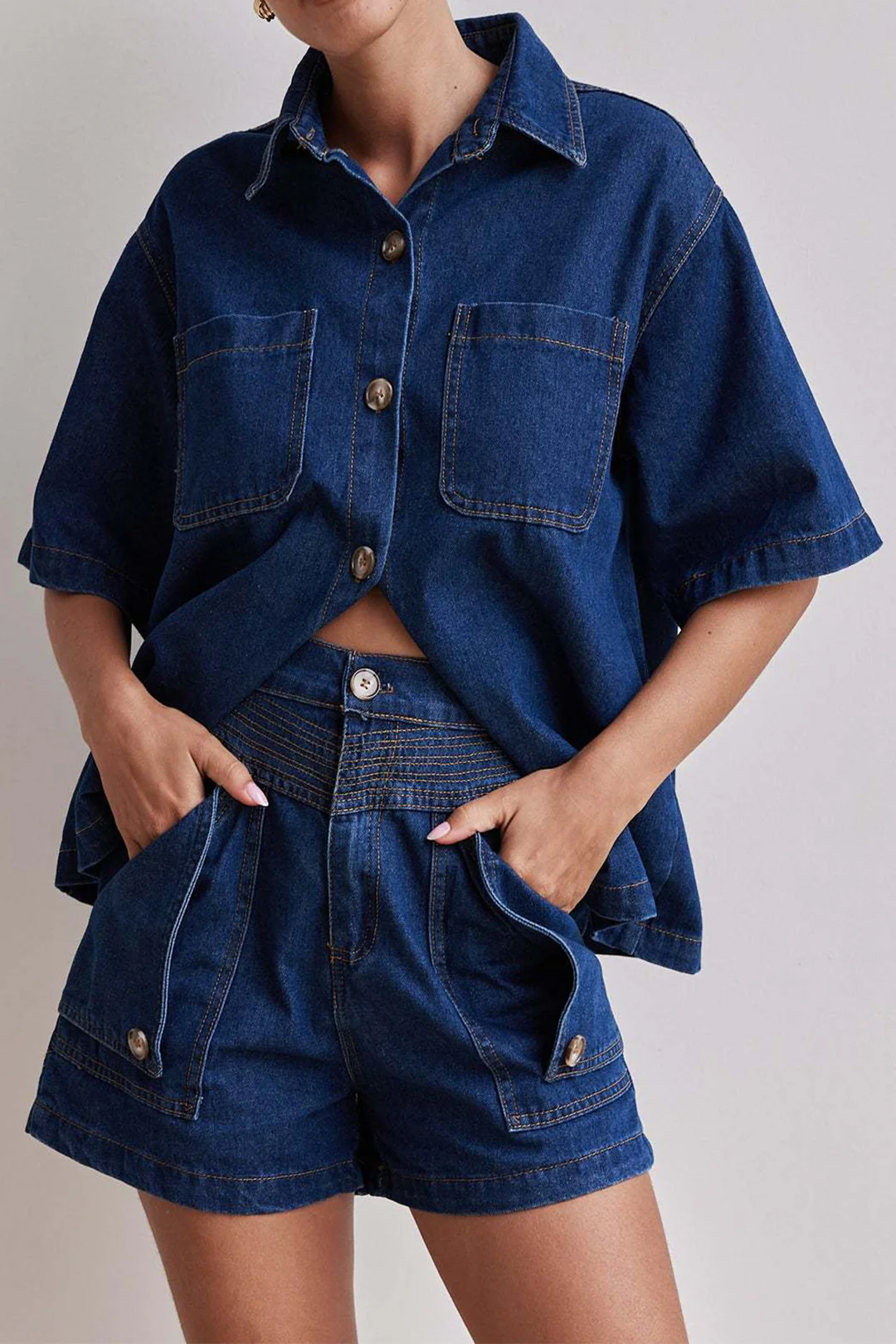 Denim Button Short-Sleeve Shirt And Pocket Shorts Set - Flockneti