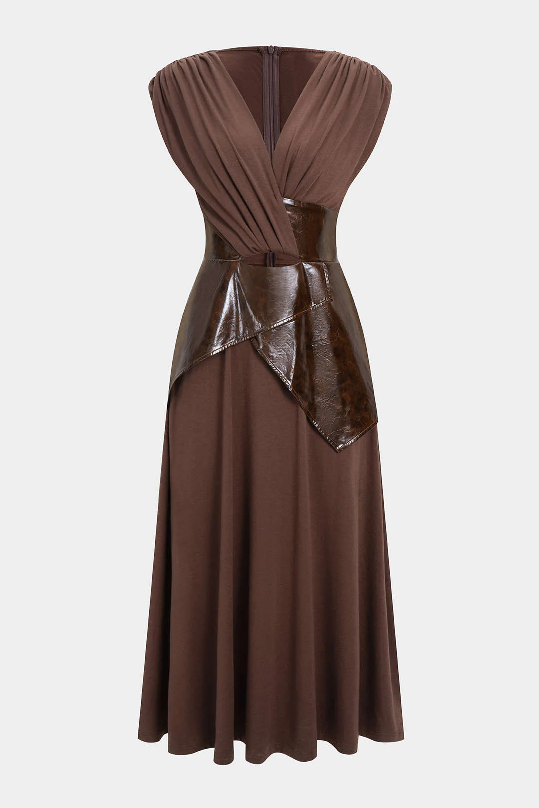 Faux Leather Patchwork Ruched Short-Sleeve Maxi Dress - Flockneti