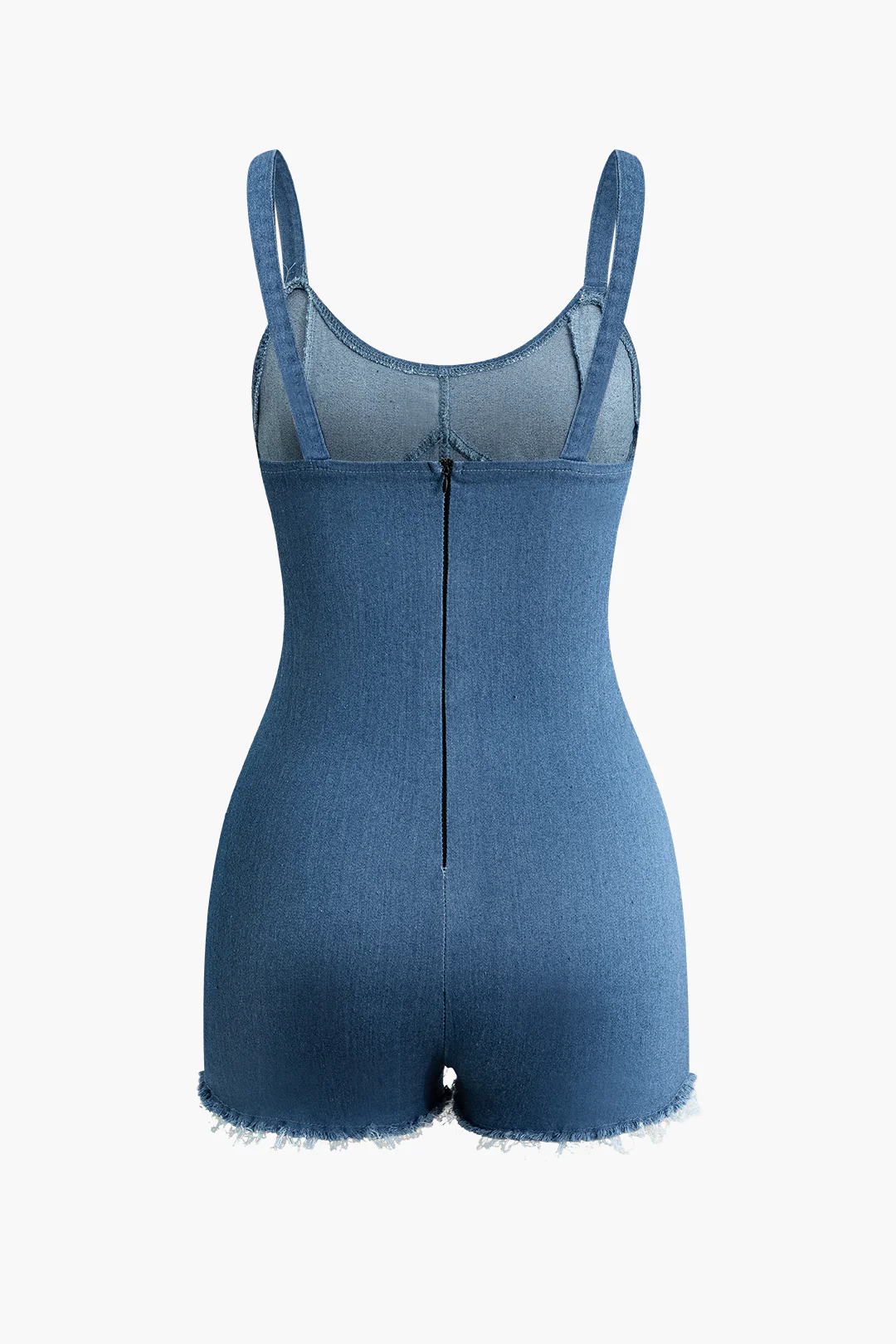Denim Frayed Zipper Sleeveless Jumpsuit - Flockneti