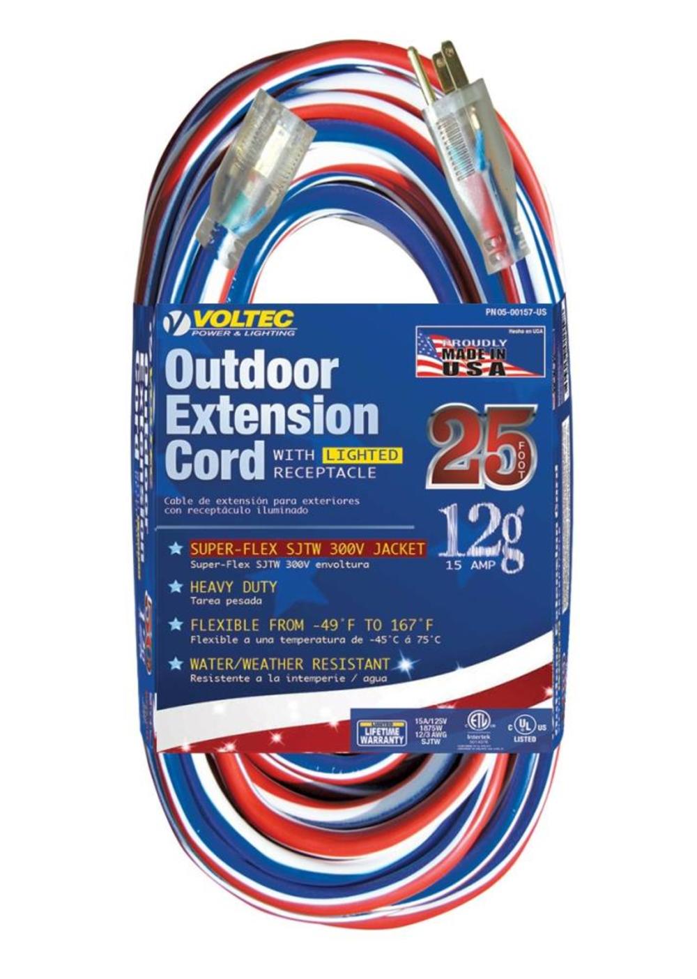 Voltec Extension Cord 25′ 12/3 SJTW Red/White/Blue with Lighted End - Flockneti
