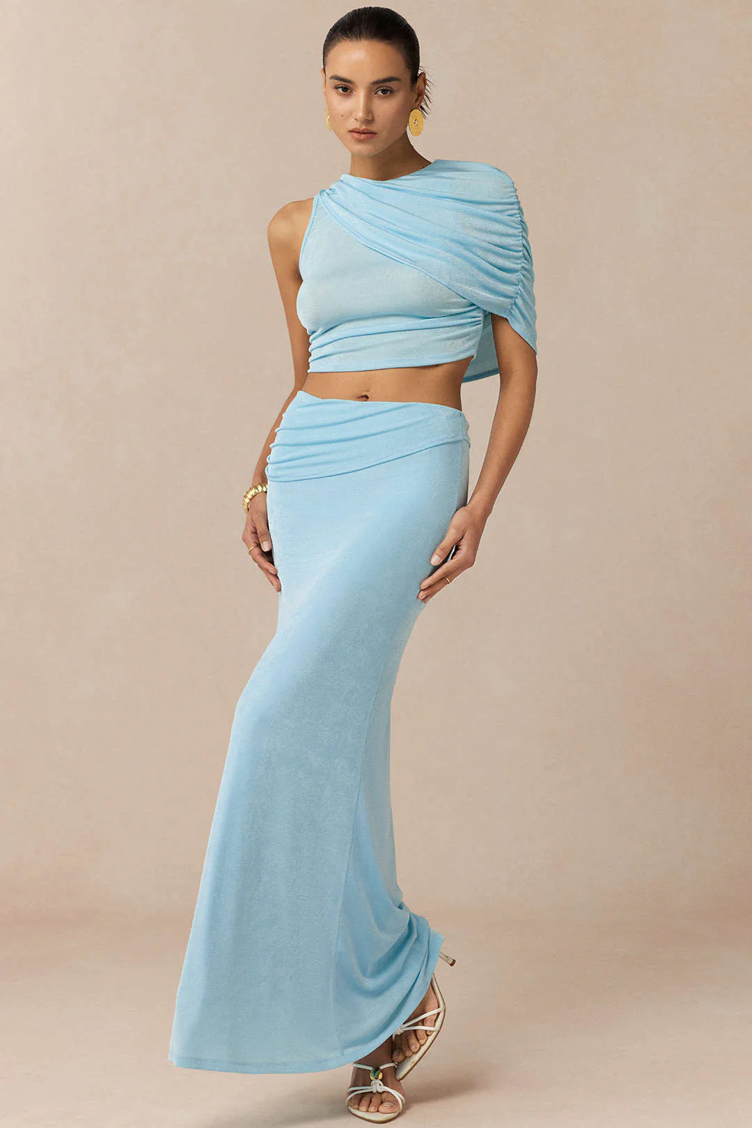 Asymmetrical Ruched Cropped Top And Maxi Skirt Set - Flockneti