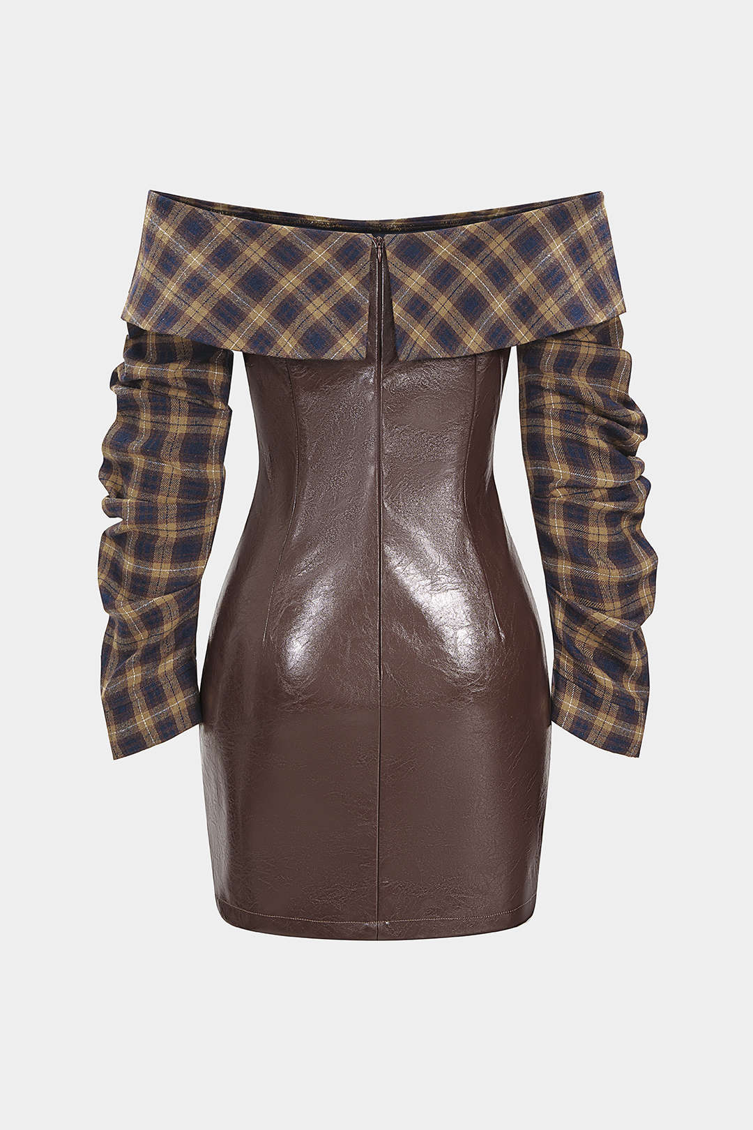 Faux Leather Patchwork Plaid Print Off Shoulder Zipper Long Sleeve Mini Dress - Flockneti