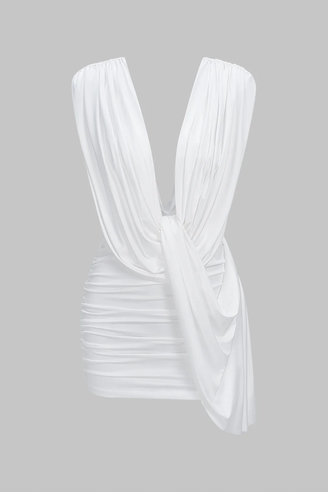 Ruched Draped Cowl Neck Asymmetrical Sleeveless Mini Dress - Flockneti