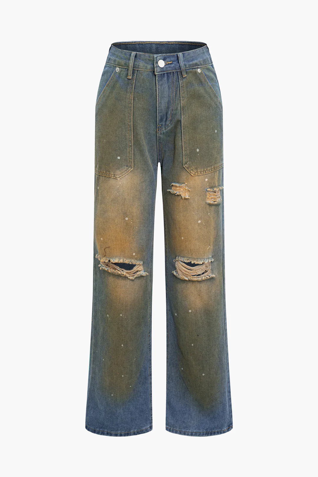 Denim Washed Zipper High Waist Straight Leg Jeans - Flockneti