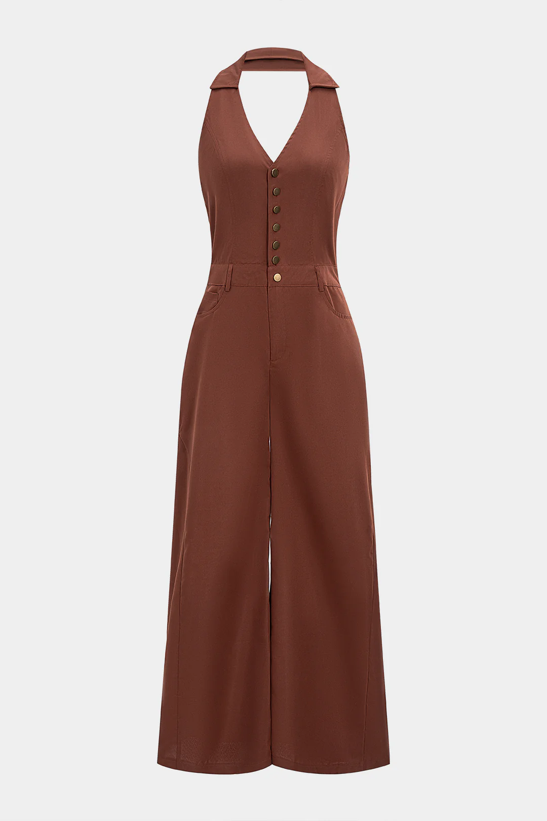 Halter V-Neck Button Smocked Pocket Sleeveless Jumpsuit - Flockneti