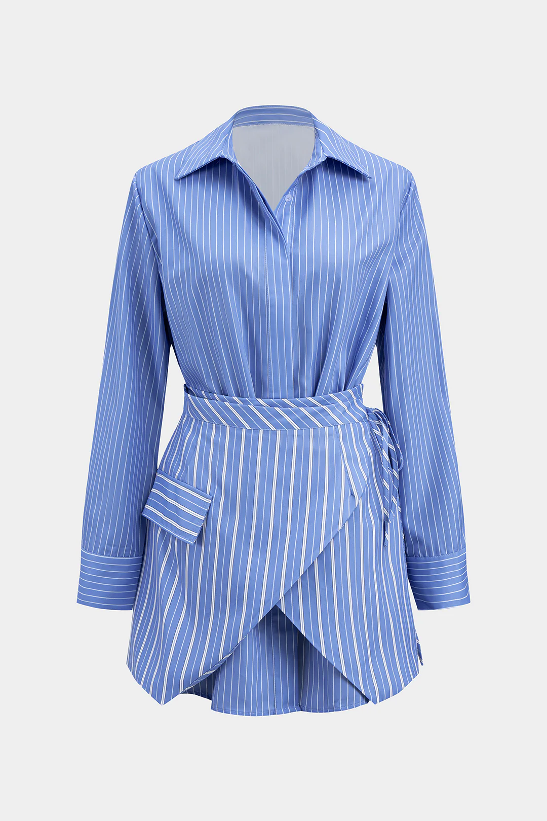 Stripes Print Button Long Sleeve Shirt And Tie-Up Skirt Set - Flockneti