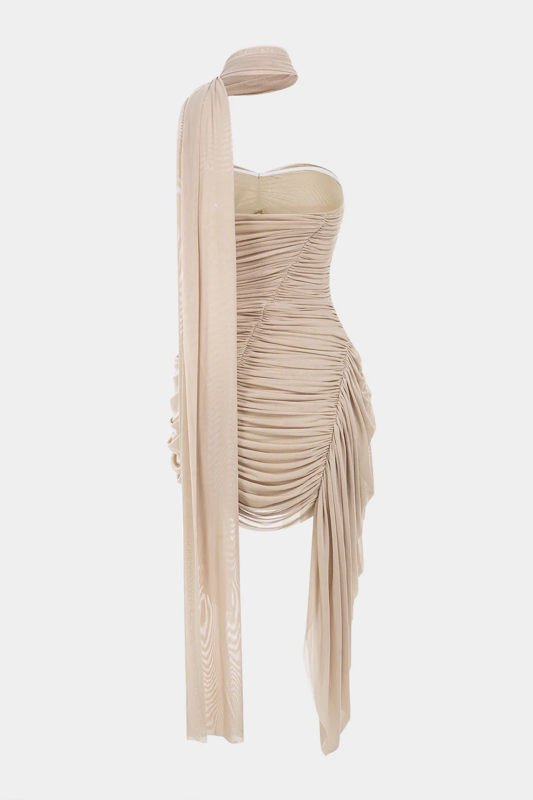 Mesh Patchwork Asymmetrical Ruched Backless Ruched Sleeveless Mini Dress With Scarf - Flockneti