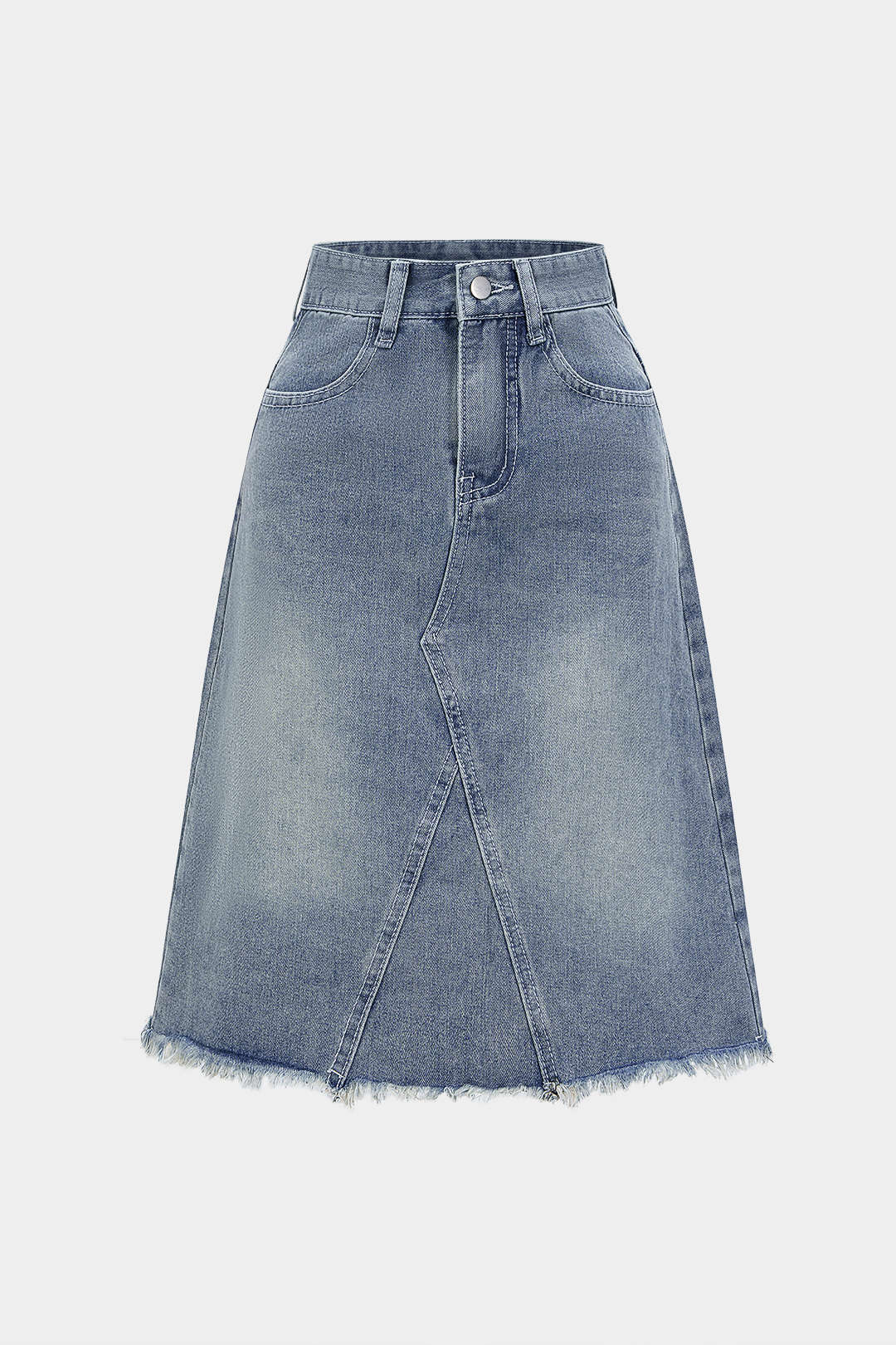 Denim High Waist Belted Frayed Skirt - Flockneti