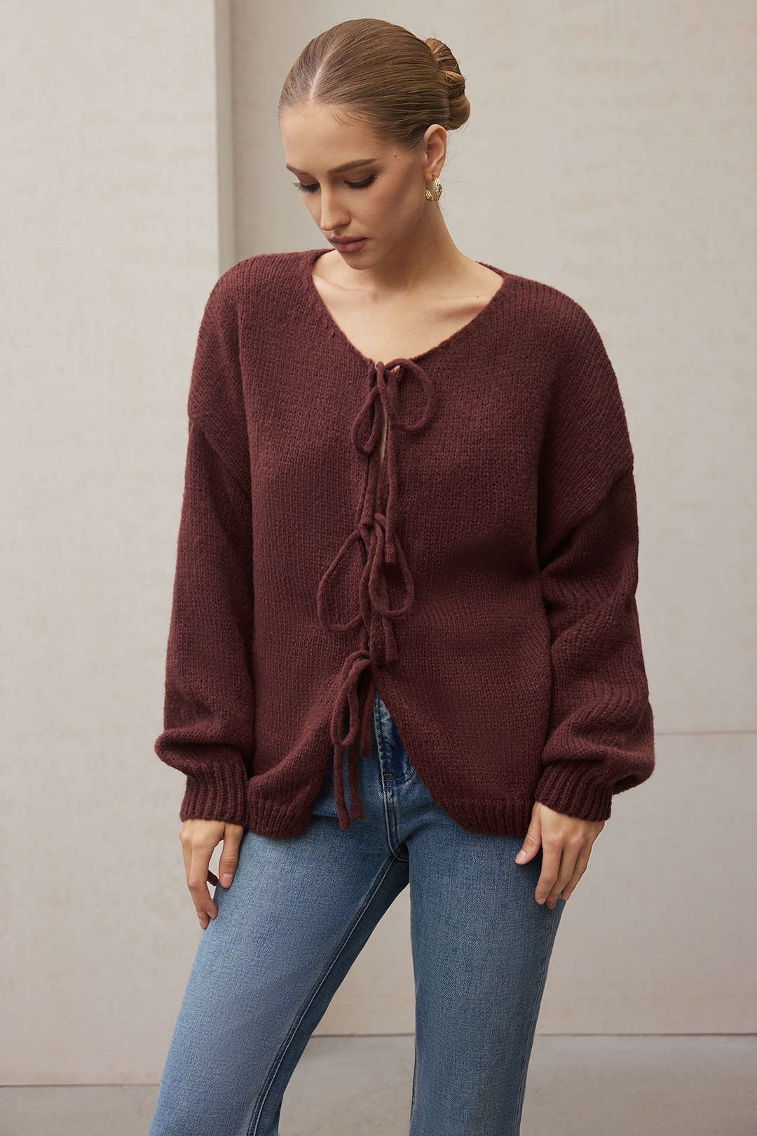 Knit Round Neck Tie-Up Cardigan - Flockneti