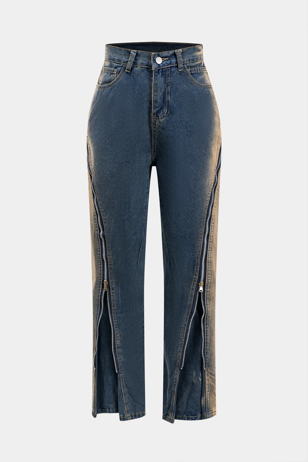Denim Ombre Print Zipper Jeans - Flockneti