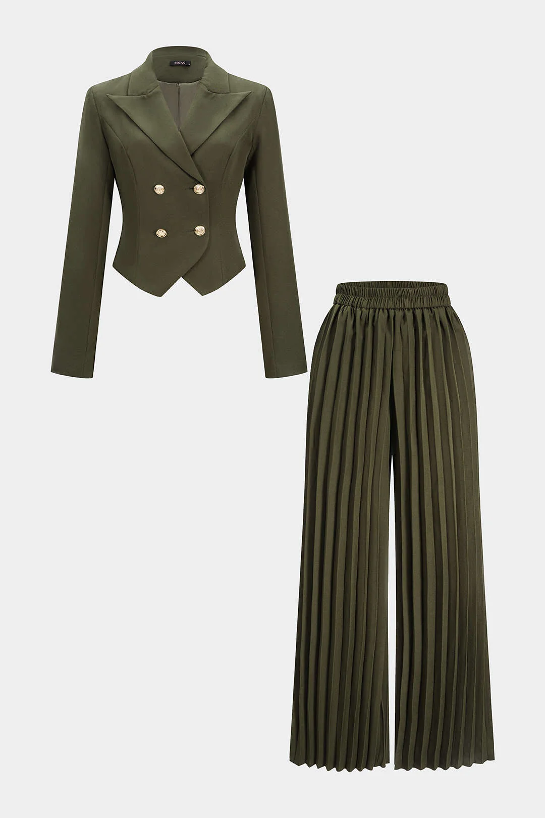 Notched Lapel Button Long-Sleeve Top And Pleated Trousers Set - Flockneti
