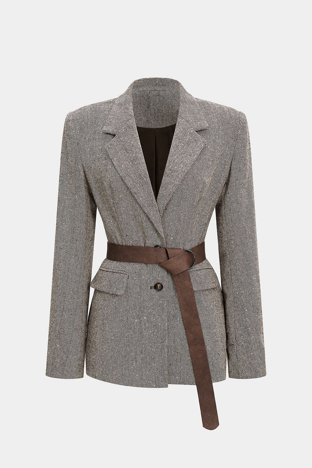 Button Notched Lapel Belted Blazer - Flockneti