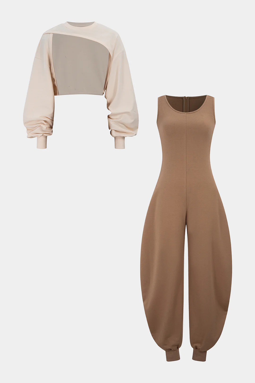 Solid Long-Sleeve Top And Sleeveless Jumpsuit Set - Flockneti