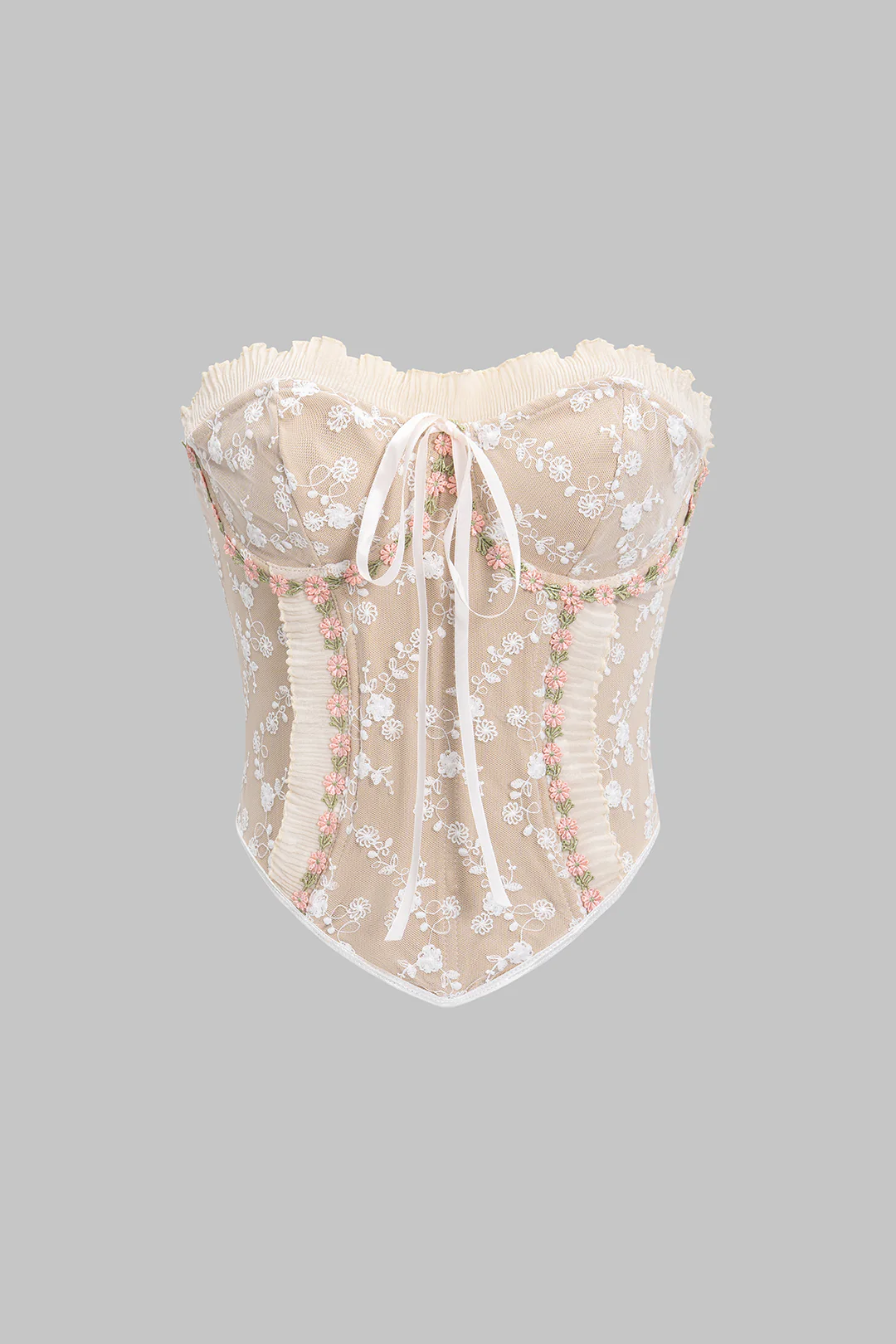 Mesh Embroidery Print Bow Tube Top - Flockneti