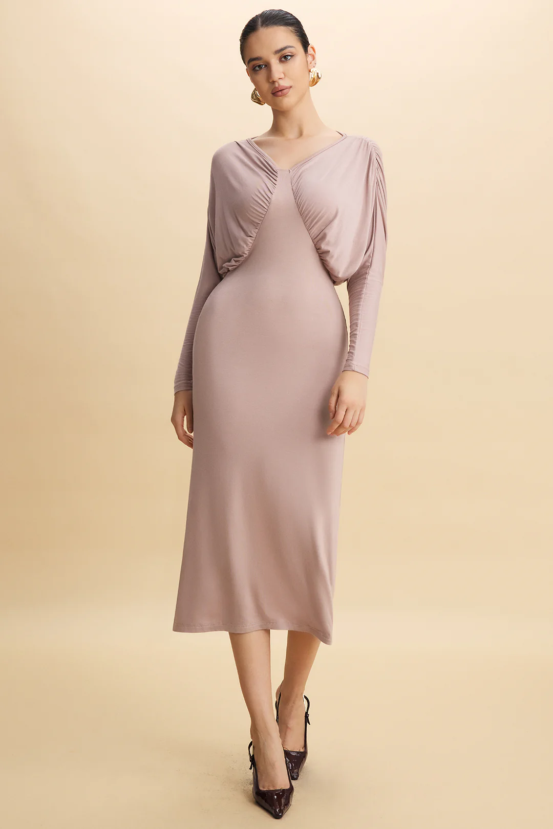 V-Neck Batwing Sleeve Ruched Maxi Dress - Flockneti