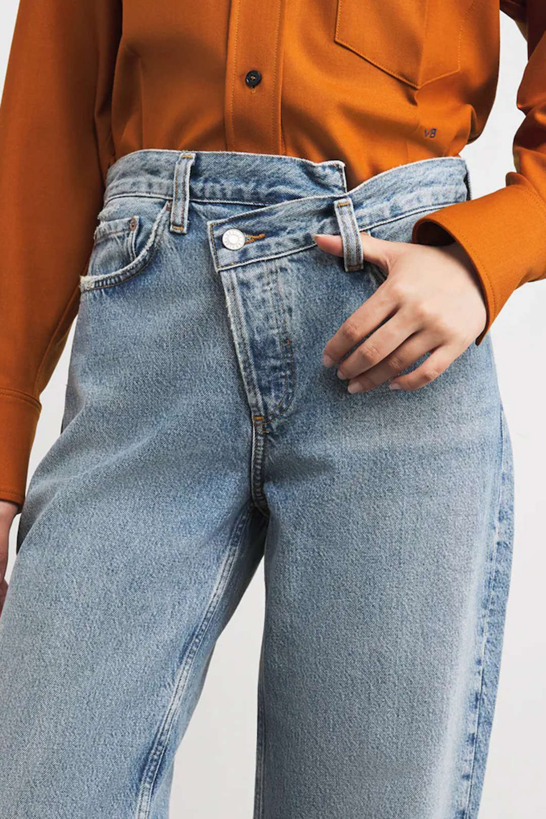 Denim Asymmetrical Waistband Wide Leg Jeans - Flockneti