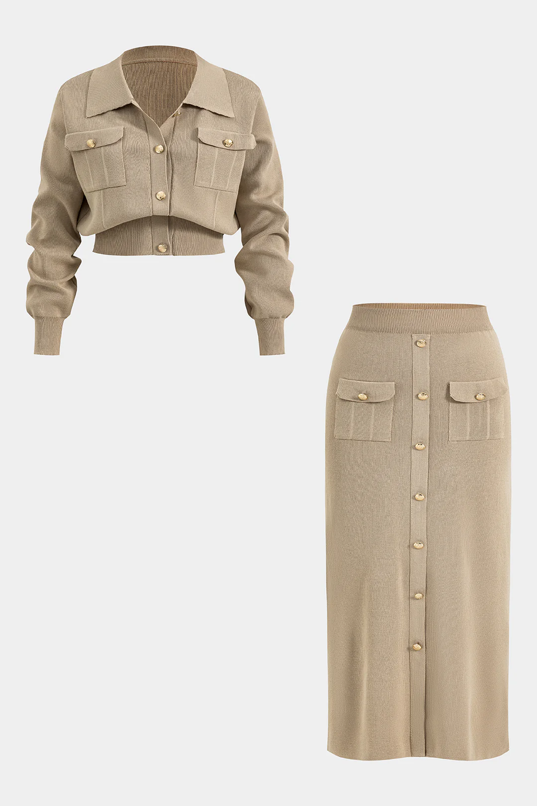Plus Size Knit Button Pocket Long-Sleeve Top And Skirt Set - Flockneti