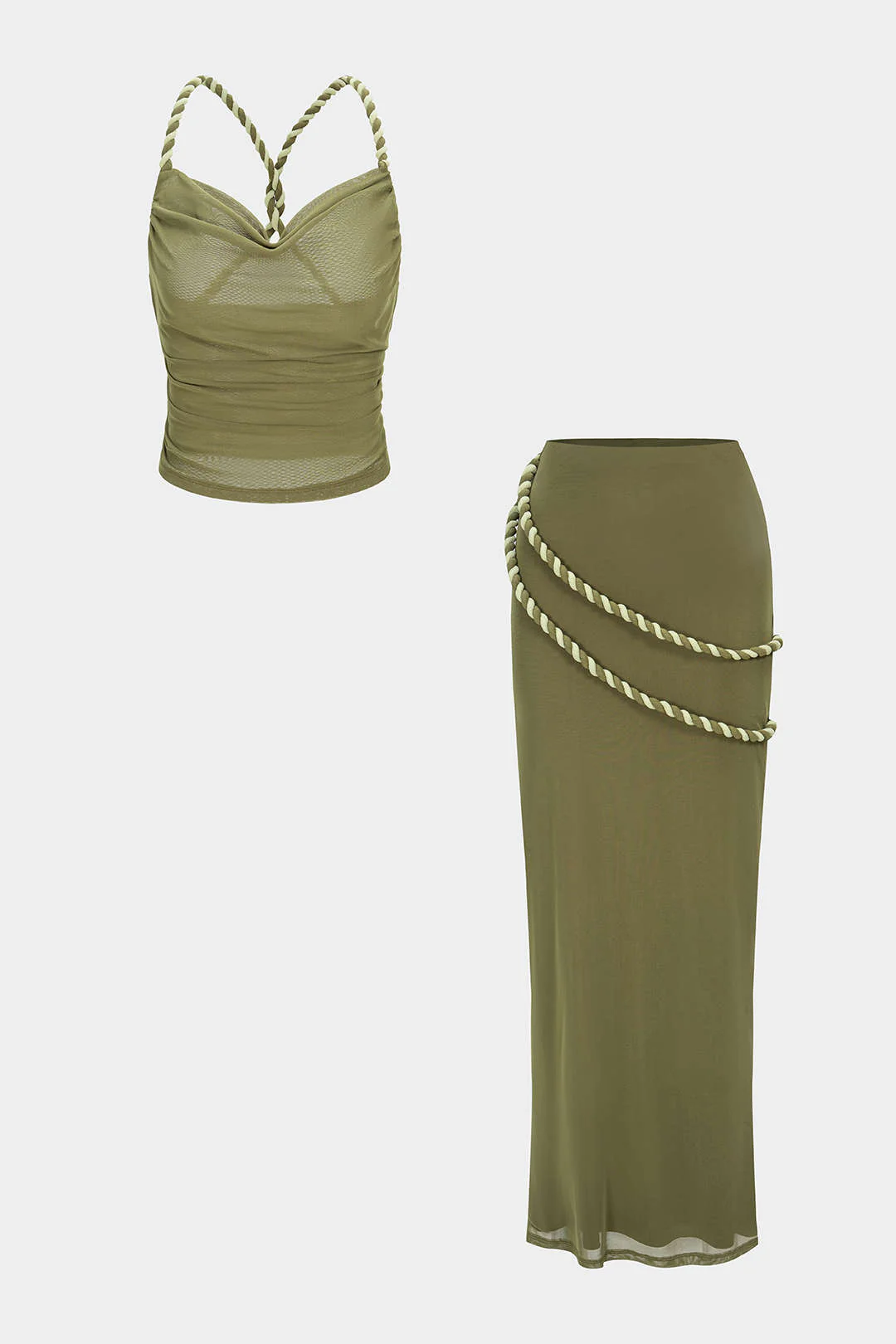 Mesh Crossed Twist Knot Backless Ruched Top And Asymmetrical Skirt Set - Flockneti