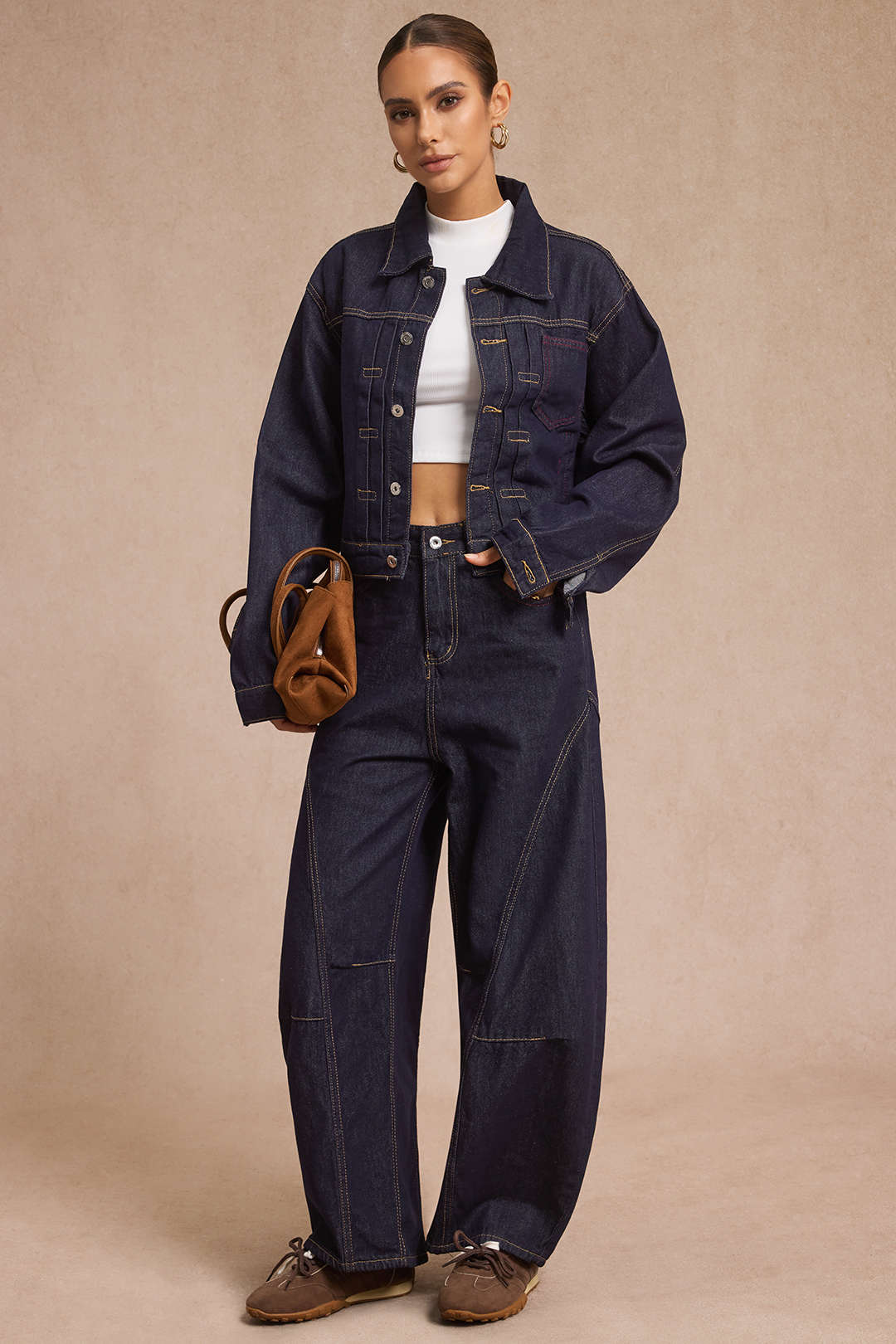 Denim Cropped Jacket And Barrel Jeans Set - Flockneti