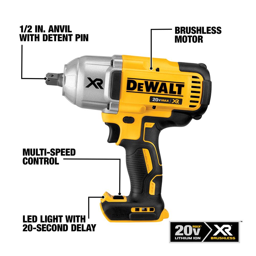 DEWALT 20V MAX XR High Torque 1/2-in Impact Wrench Kit with Detent Anvil - Flockneti