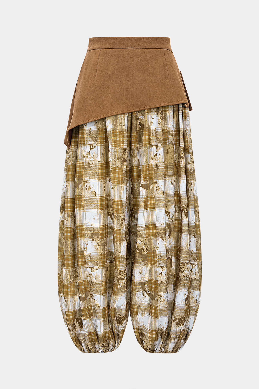 Plaid Print Shirred Waistband Patchwork Button Asymmetrical Lantern Trousers - Flockneti