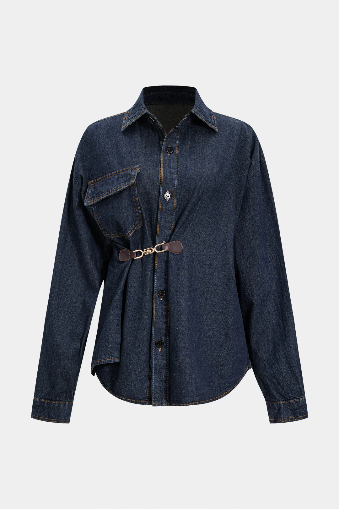 Denim Asymmetrical Metallic Buckle Outerwear - Flockneti