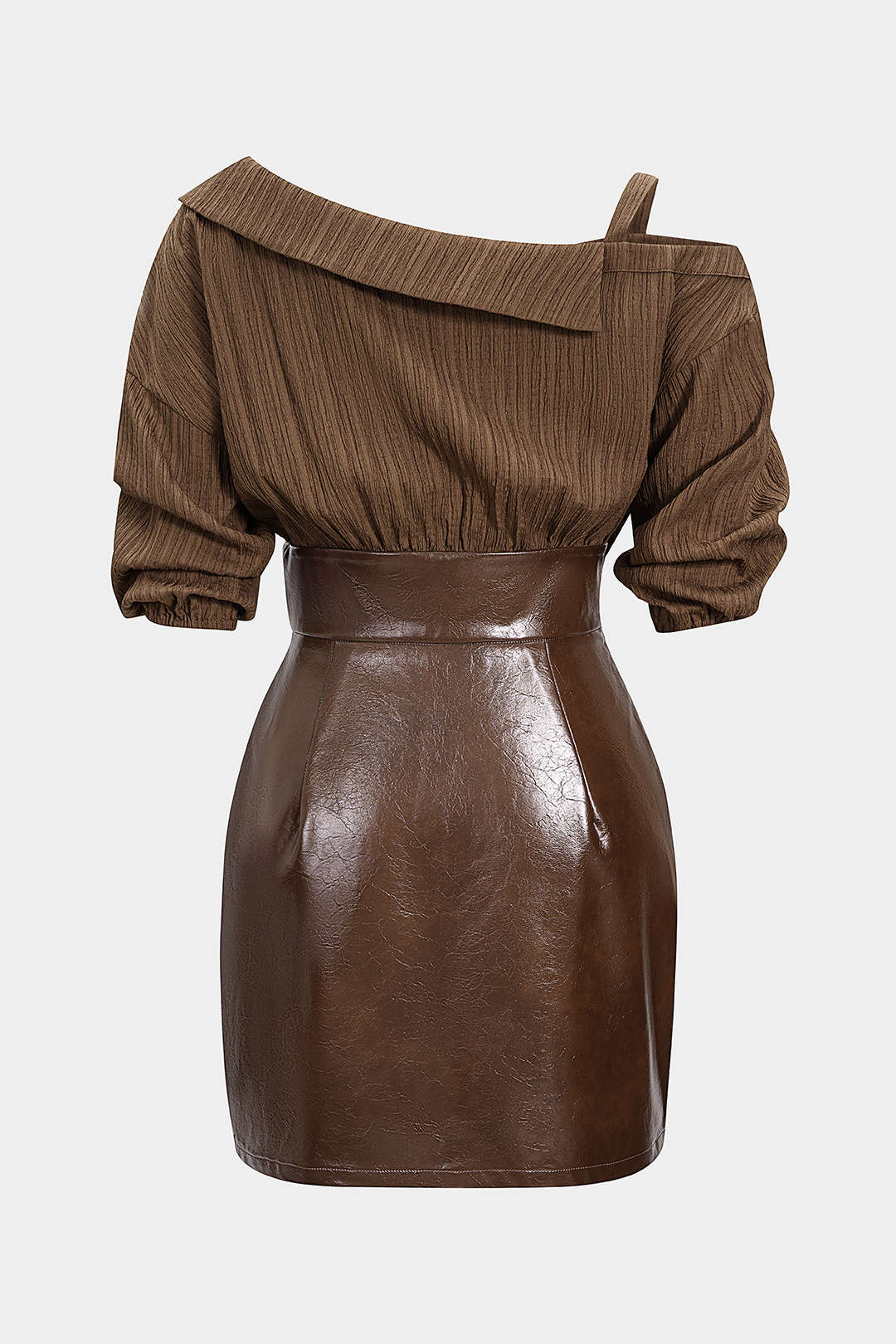 Faux Leather Patchwork Asymmetrical Short Sleeve Mini Dress - Flockneti