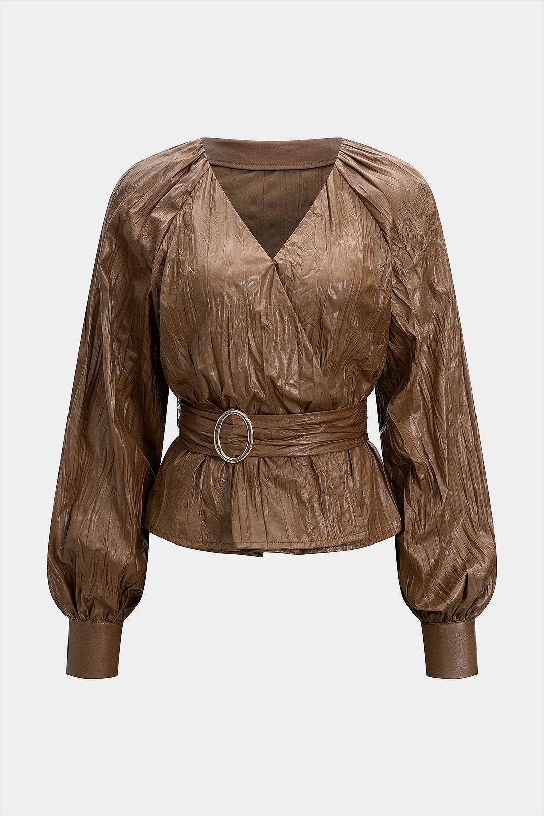 Faux Leather Pleated Belted V-Neck Long-Sleeve Shirt - Flockneti