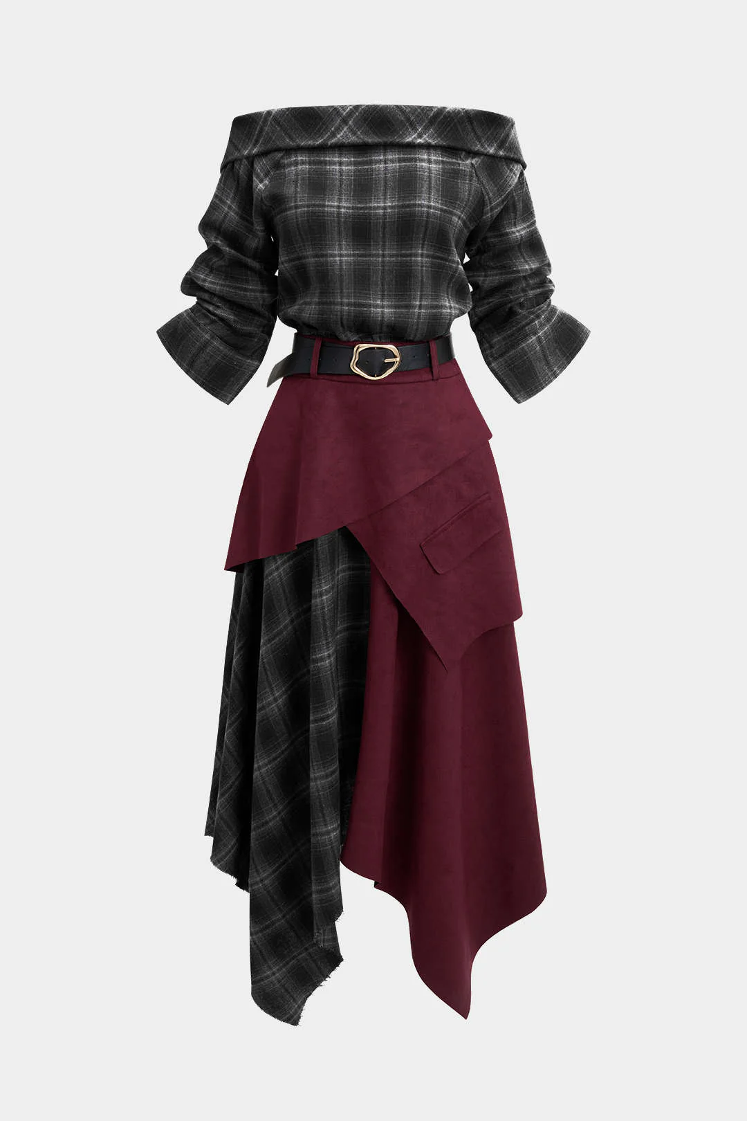 Plaid Print Suede Off Shoulder Zipper Belted Long Sleeve Midi Dress - Flockneti