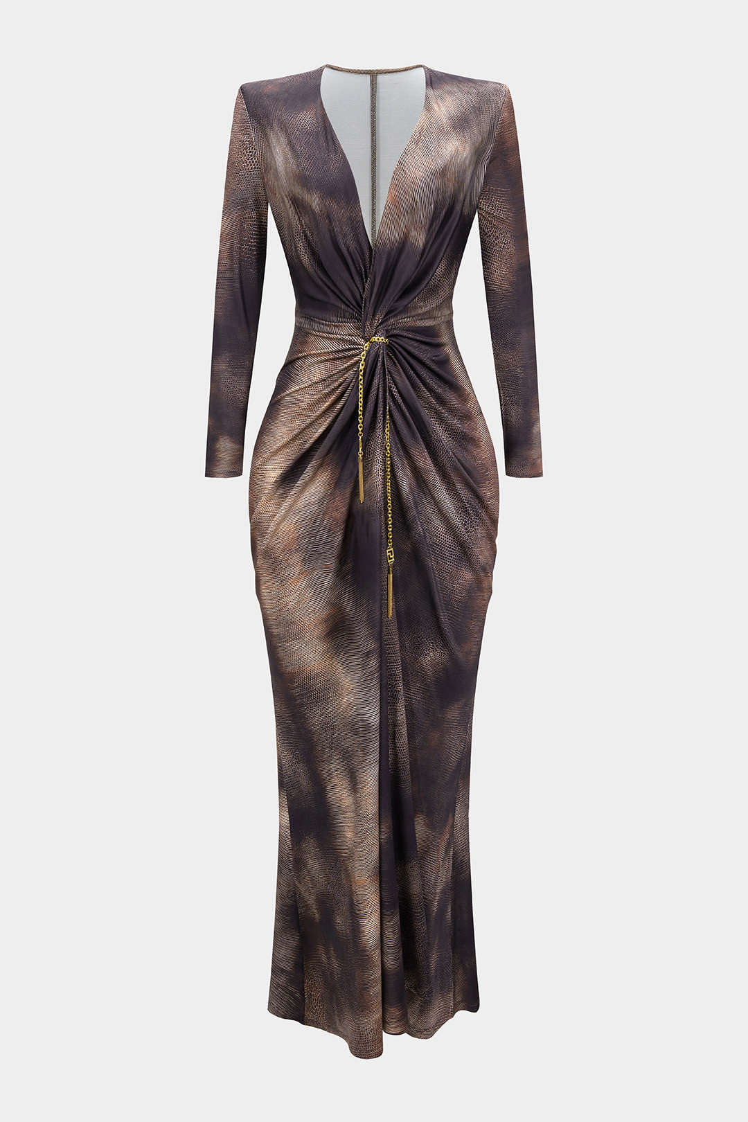 Snake Skin Print Mesh Ruched Fringe Trim V-Neck Long Sleeve Maxi Dress - Flockneti