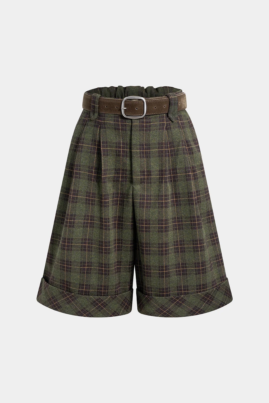 Plaid Print Belted Cuffed Shorts - Flockneti