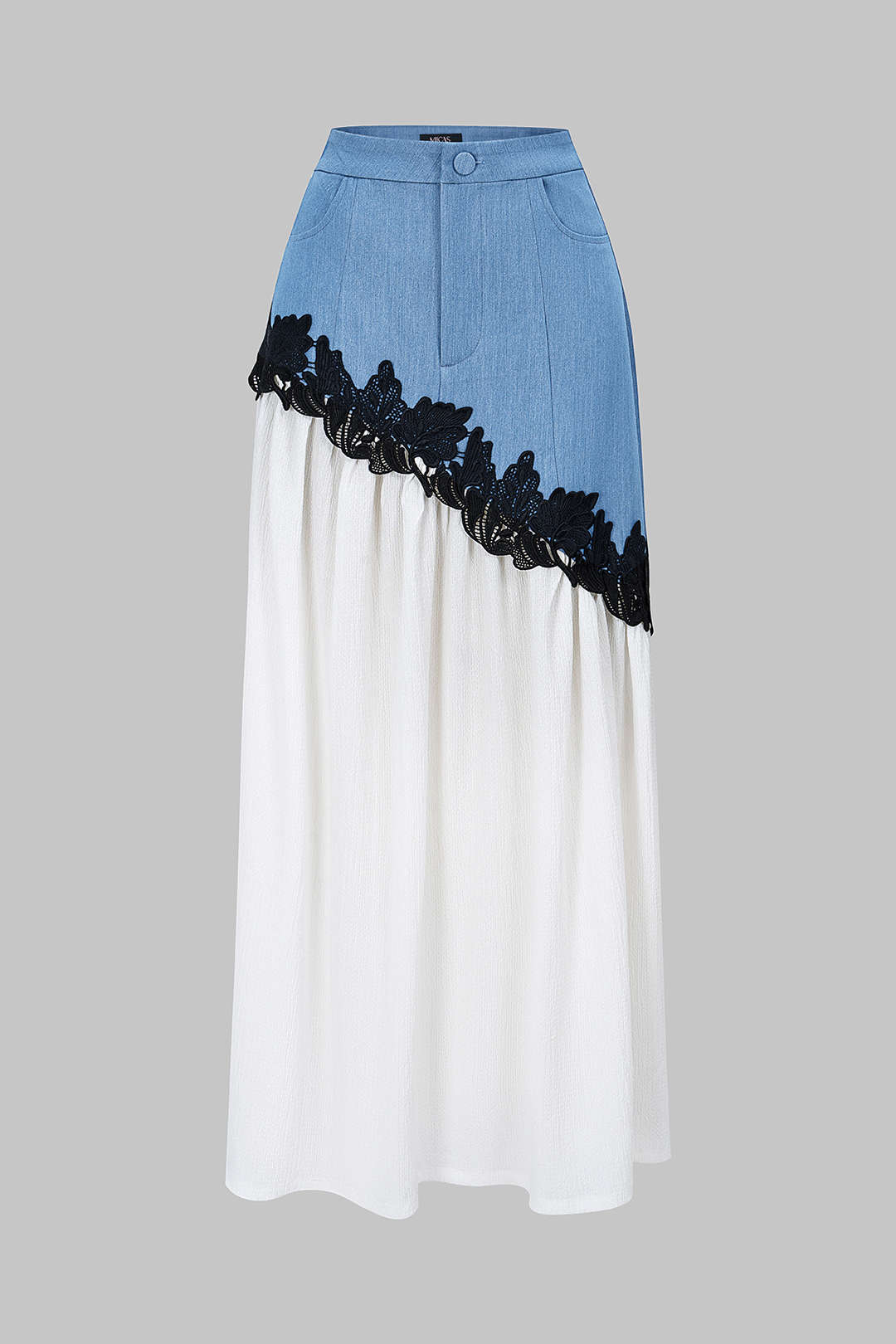 Denim Patchwork Lace Trim Asymmetrical Skirt - Flockneti