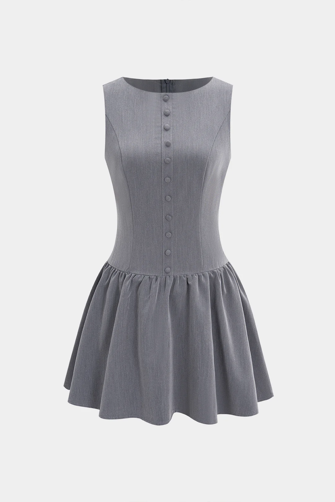 Button Ruched Zipper Detail Sleeveless Mini Dress - Flockneti