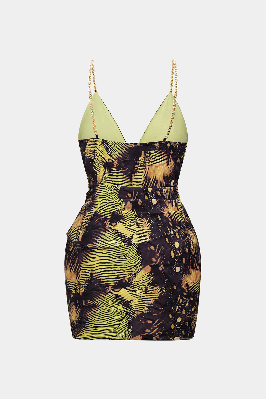 Plus Size Tropical Print Metallic Chain Asymmetrical Ruched Sleeveless Mini Dress - Flockneti