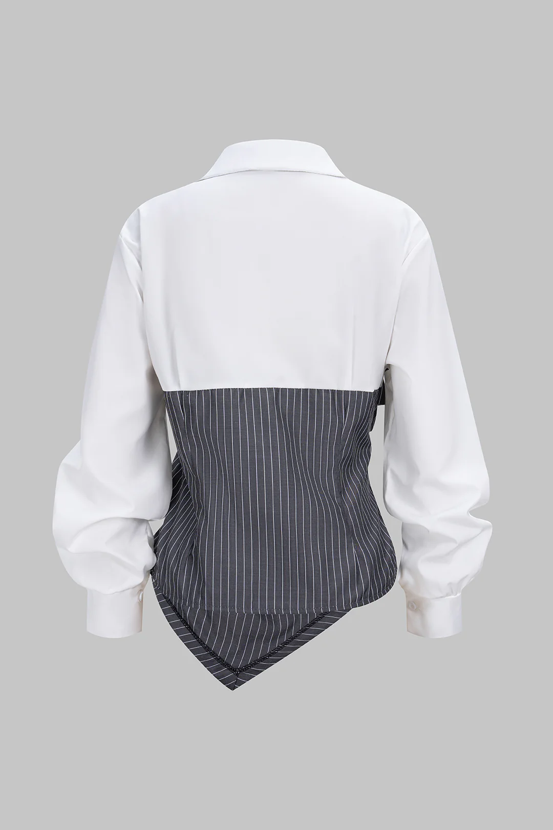 Stripes Print Patchwork Asymmetrical Ruched Long-Sleeve Shirt - Flockneti