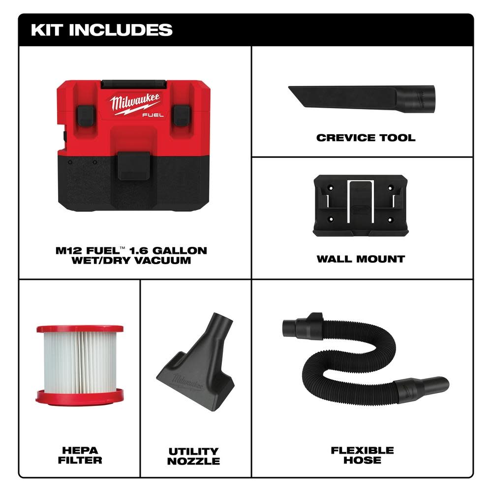 Milwaukee M12 FUEL 1.6 Gallon Wet/Dry Vacuum Bare Tool - Flockneti