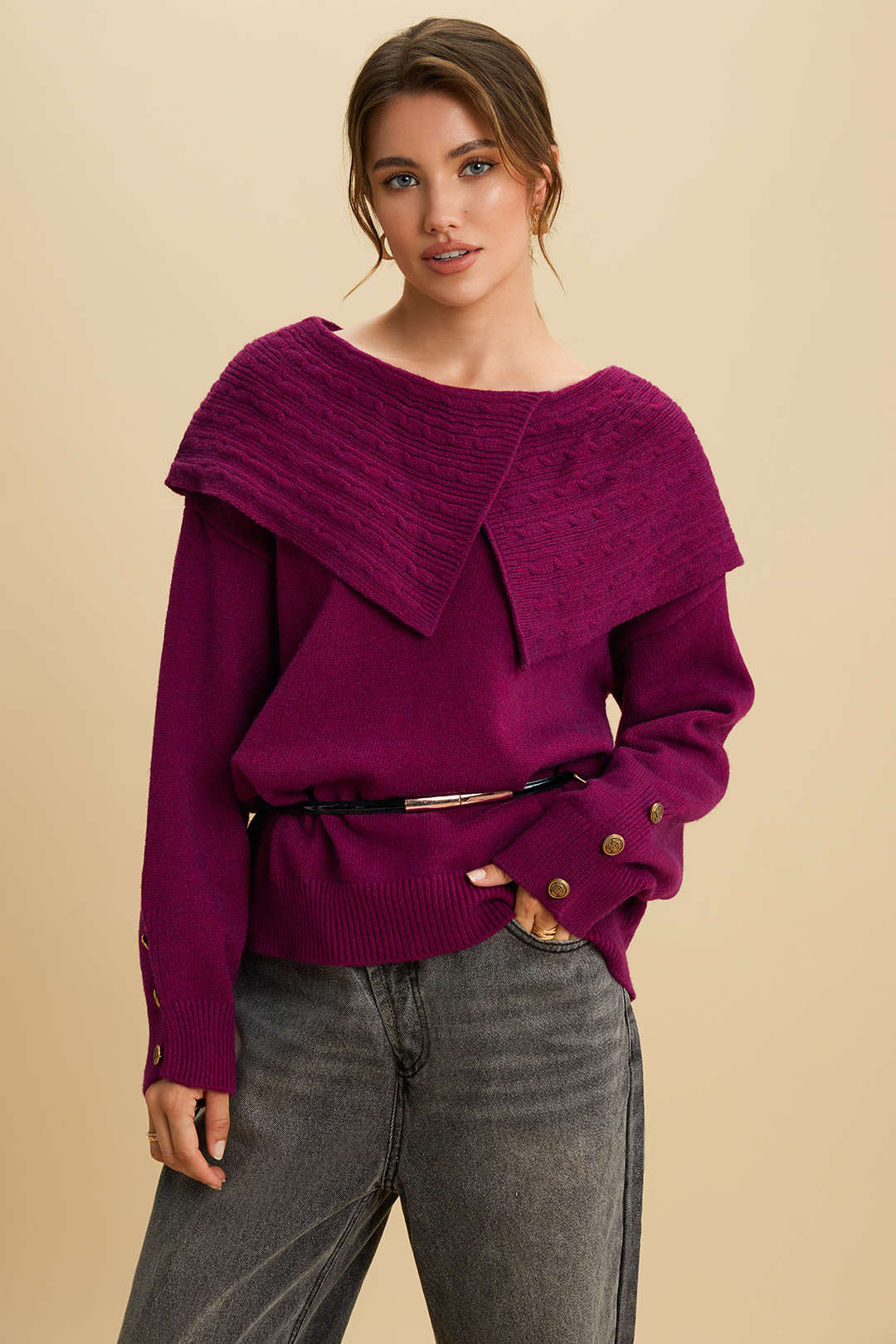 Knit Irregular Lapel Button Long-Sleeve Top - Flockneti