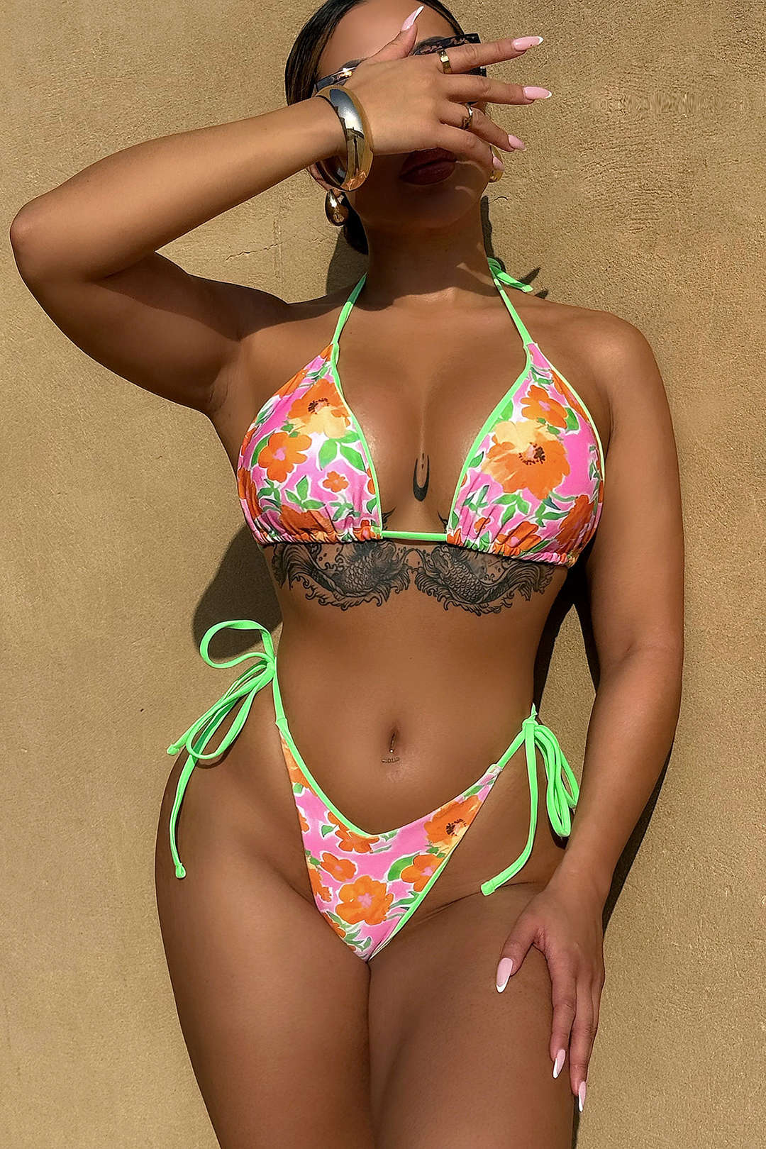 Floral Print Halter Neck Tie Up Bikini Set - Flockneti