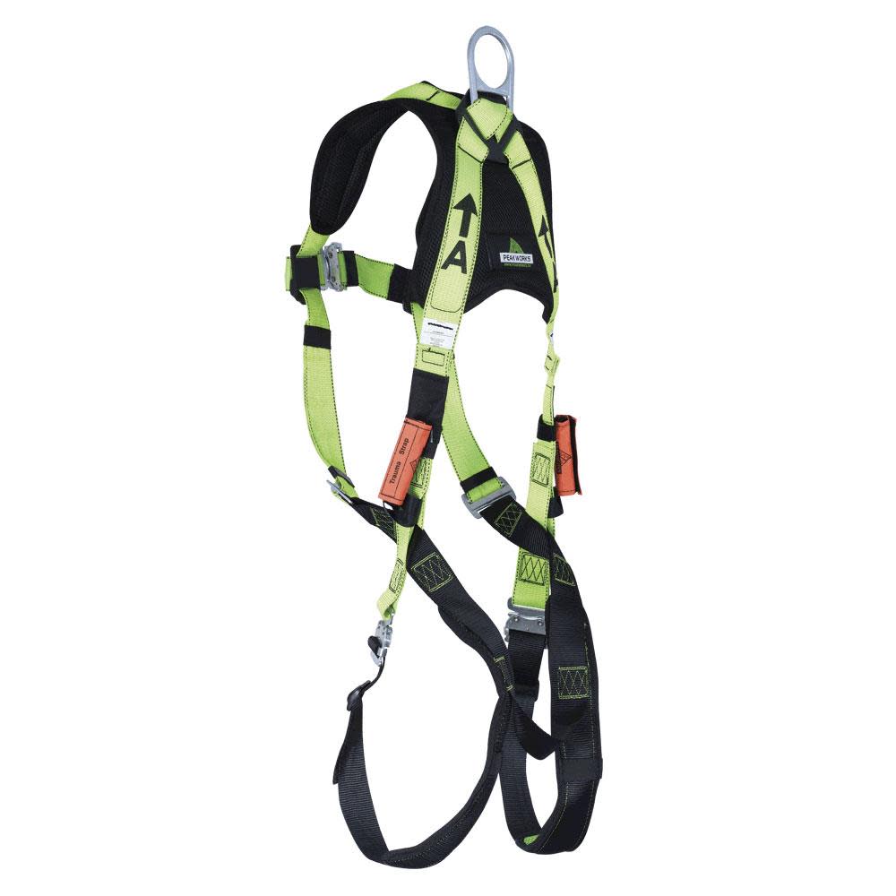 Peakworks Full Body Padded Safety Harness with Back Support 5-Point Adjustment Fall Indicator Back D-Ring Stab Lock Leg Buckles Hi-Vis Green/Black Universal Fit - Flockneti