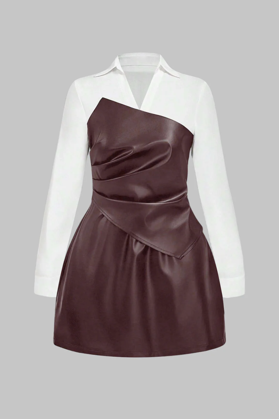 Plus Size Faux Leather Patchwork V-Neck Ruched Long Sleeve Mini Dress - Flockneti
