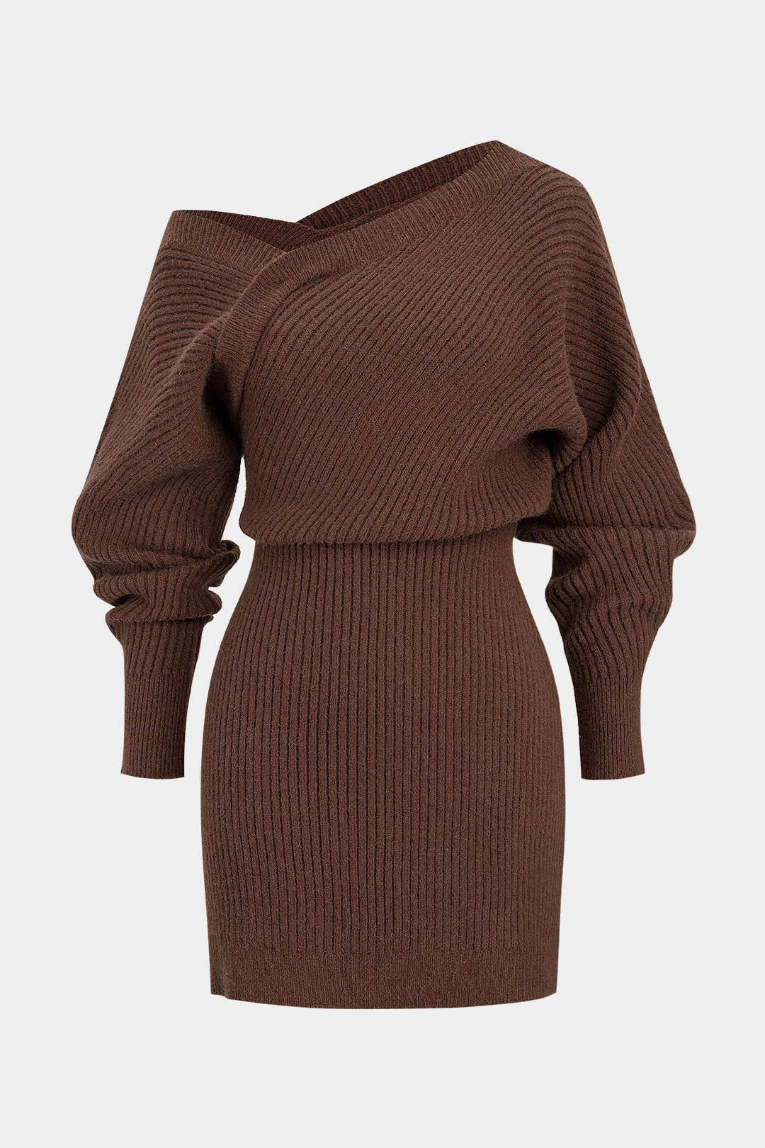Knit Asymmetrical Neck Ribbed Long Sleeve Dress - Flockneti