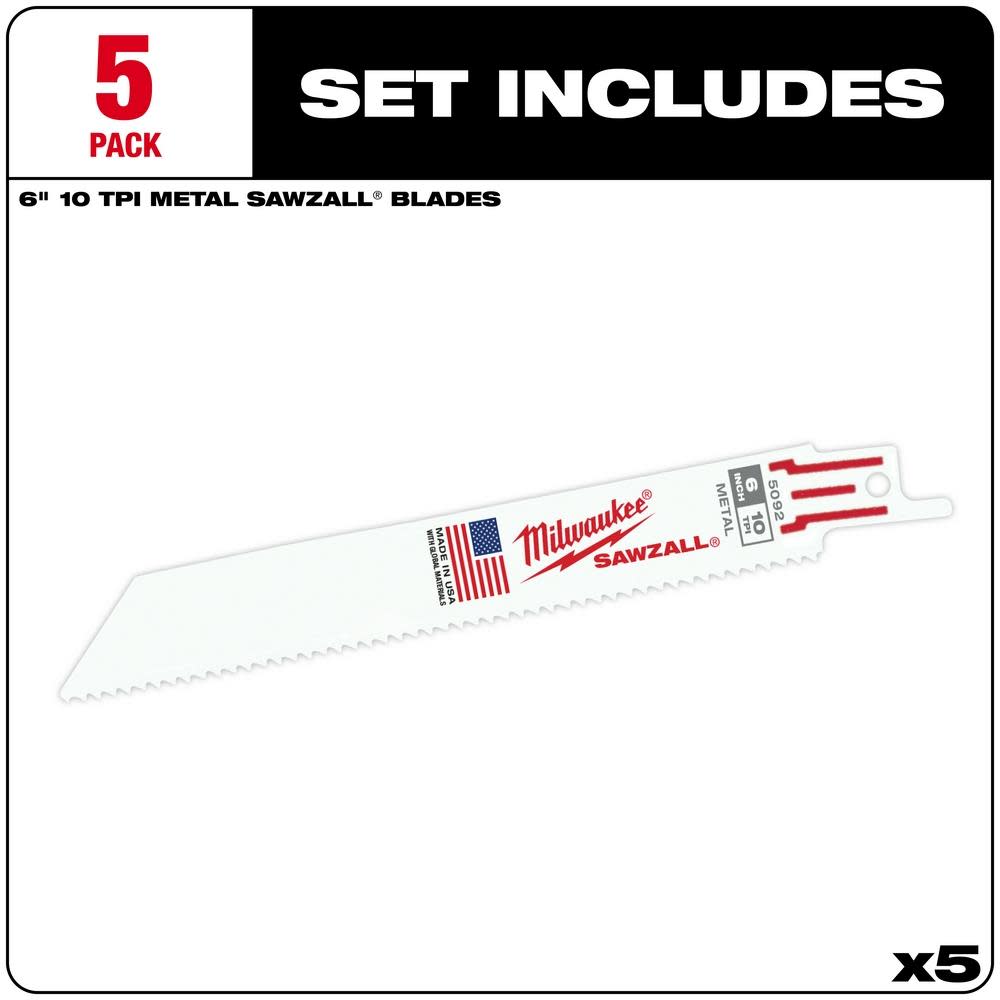 Milwaukee 6 in. 10 TPI Thin Kerf SAWZALL Blades 5PK - Flockneti
